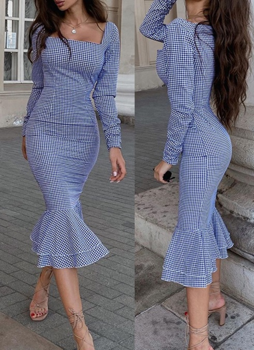 Plaid Print Vintage Mermaid Midi Dress