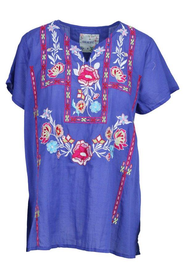 Blue V Neck Floral Casual Floral-Print Blouse