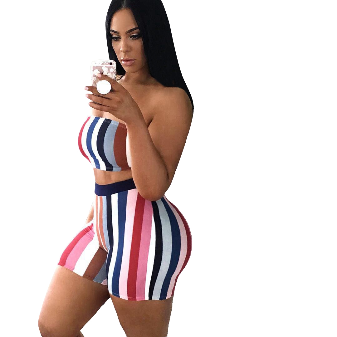 Wide Stripped Colorful Bandeau Top and Shorts