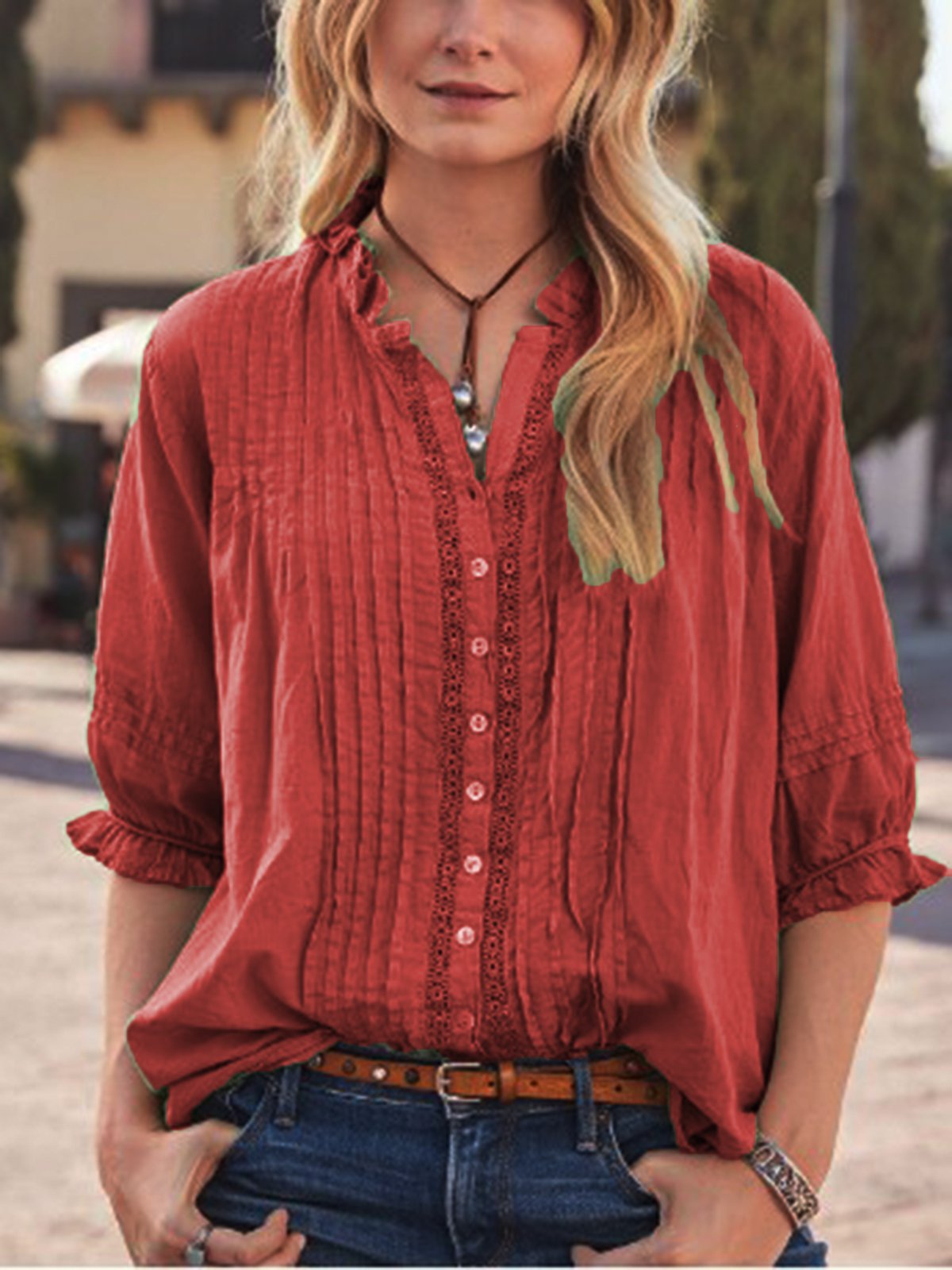 Green Half Sleeve Cotton-Blend Shirts & Tops