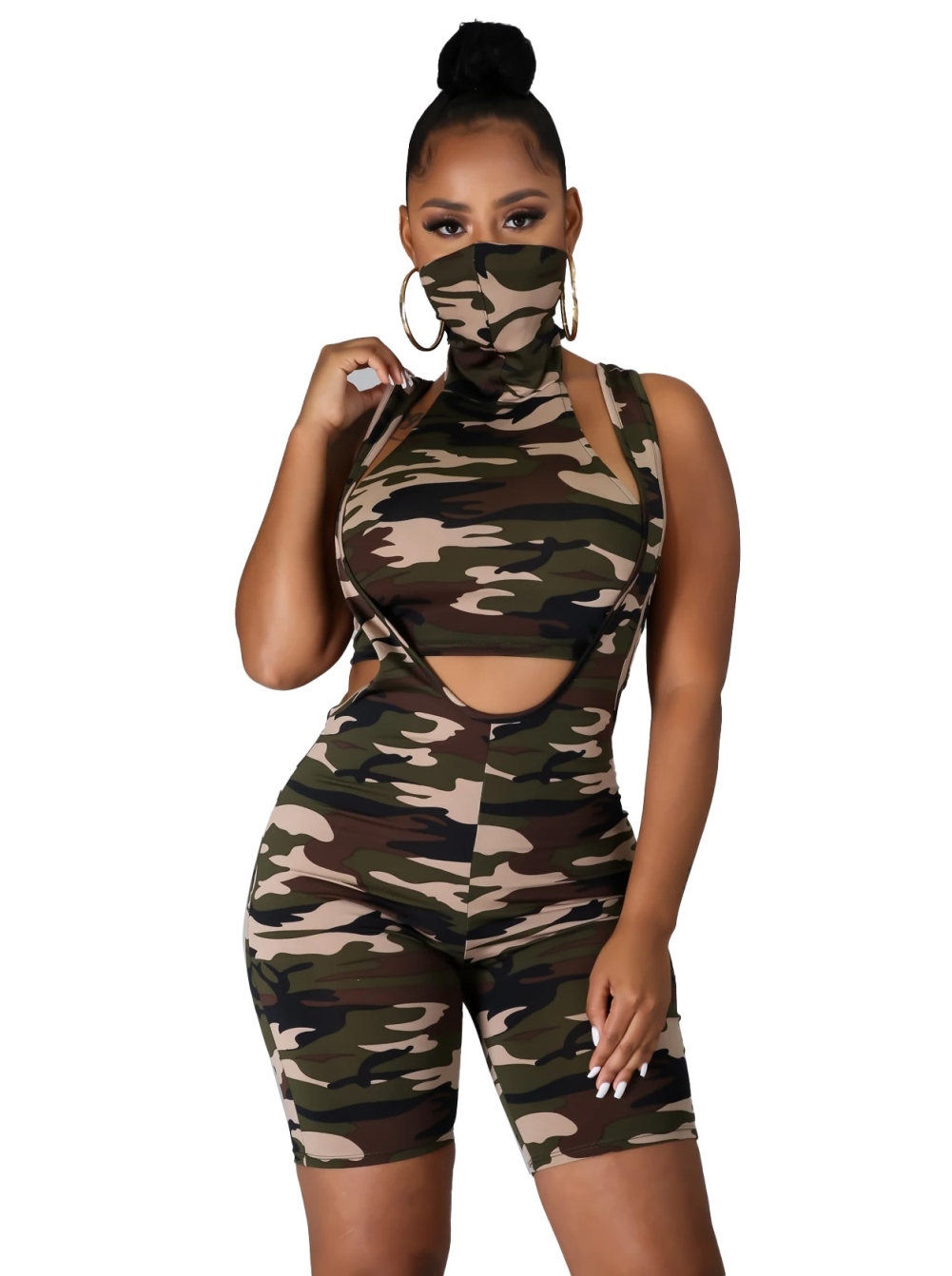 Summer Camou Matching Crop Top and Suspender Shorts Set