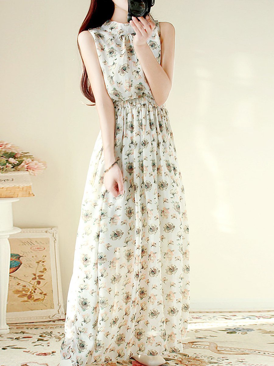 Band Collar  Elastic Waist  Striped Maxi Dress