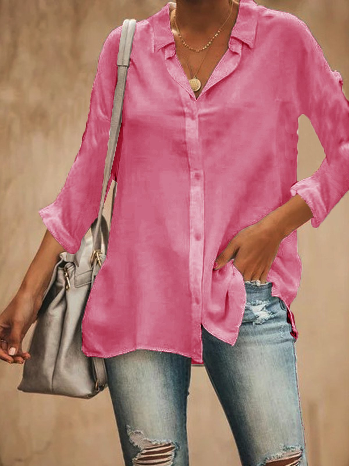 Cotton-Blend V Neck 3/4 Sleeve Shirts & Tops