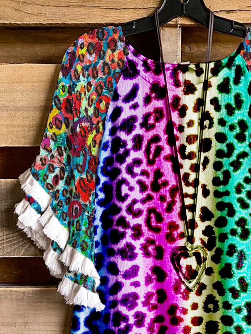 Leopard Rainbow Flower Fringed Short Sleeve Cotton-Blend Leopard Shirts & Tops