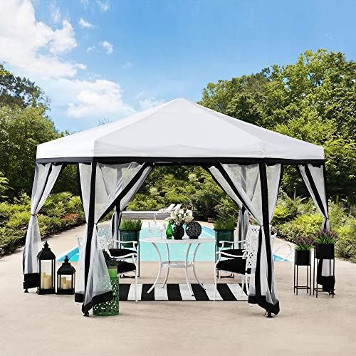 Sunjoy Lambert 11��11 ft. 2-Tone Pop Up Portable Hexagon Steel Gazebo, White & Black