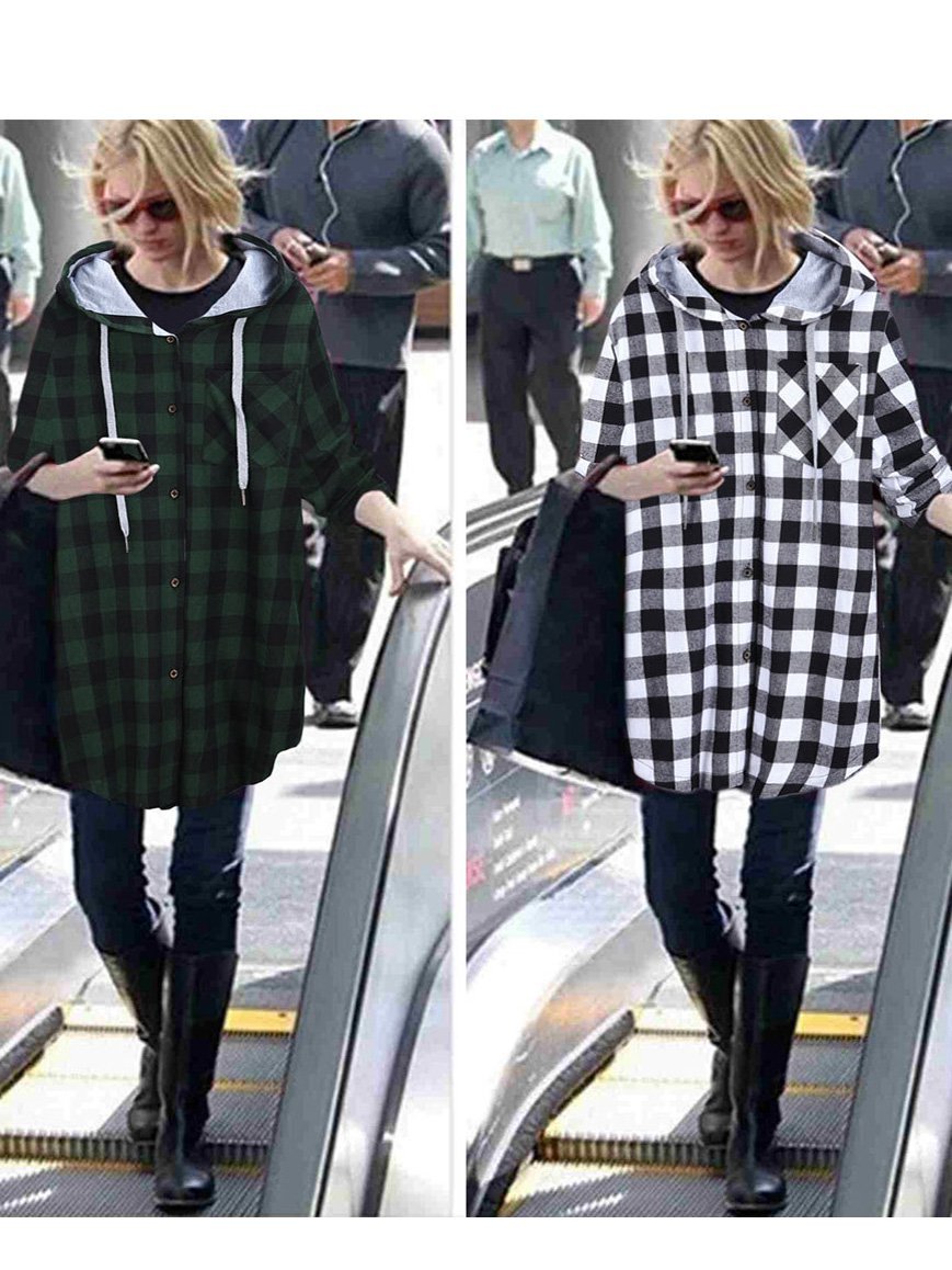 Casual Long Sleeve Hooded Plaid Plus Size Coat
