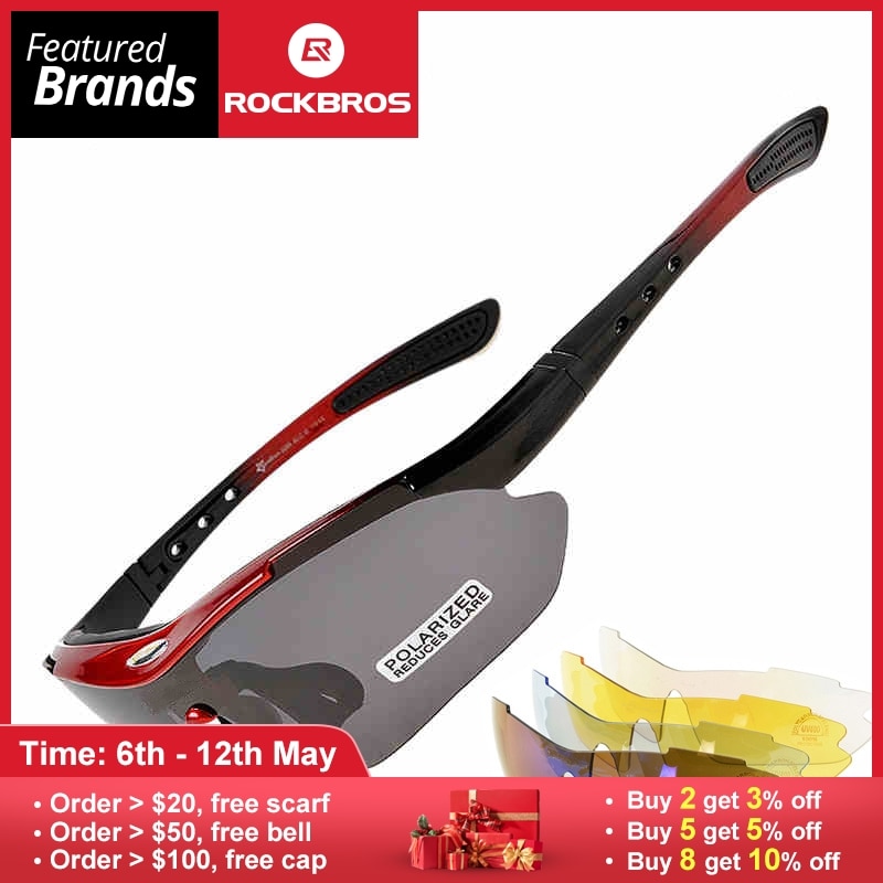 ROCKBROS Polarized Sports Men Sunglasses Road Cycling Glasses Mountain Bike Bicycle Riding Protection Goggles Eyewear 5 Lens