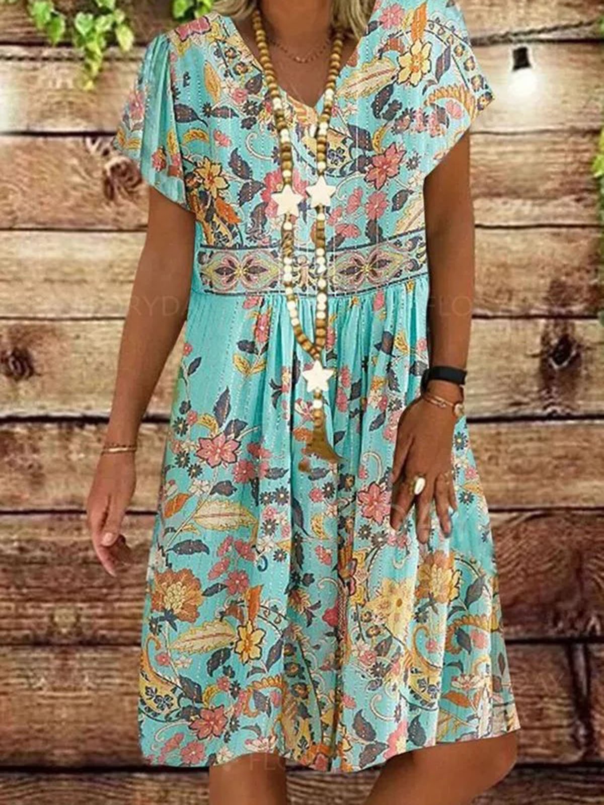 Green Short Sleeve Floral Dresses