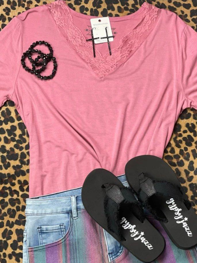 V Neck Short Sleeve Cotton-Blend Vintage Shirts & Tops