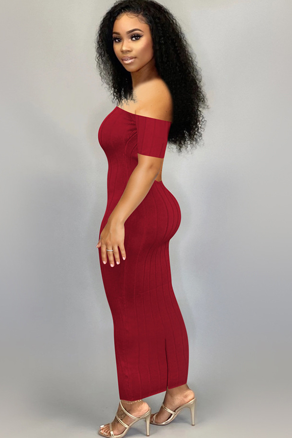 Wine Red Chemical fiber blend Sexy Off The Shoulder Short Sleeves One word collar Step Skirt Ankle-Length Solid Striped backless Patchwork Club Dresses QM311446