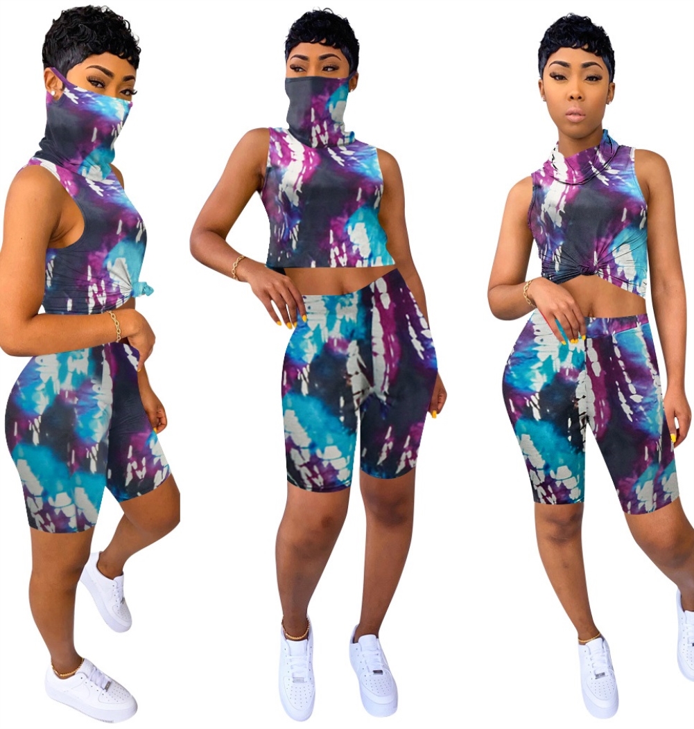 Summer Tie Dye Two Piece Short Set with Face Cover