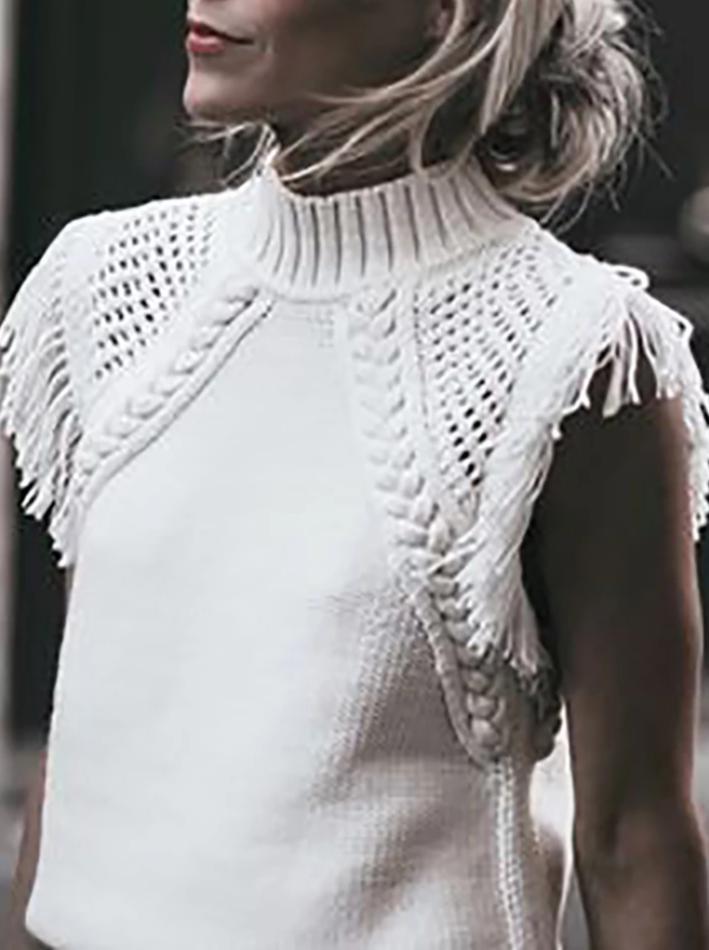 Women's Sweet Pure Color Hollow Out Splicing Tassel Knit Top