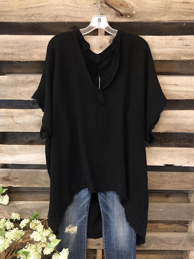 V Neck Plain Shift Short Sleeve Shirts & Tops