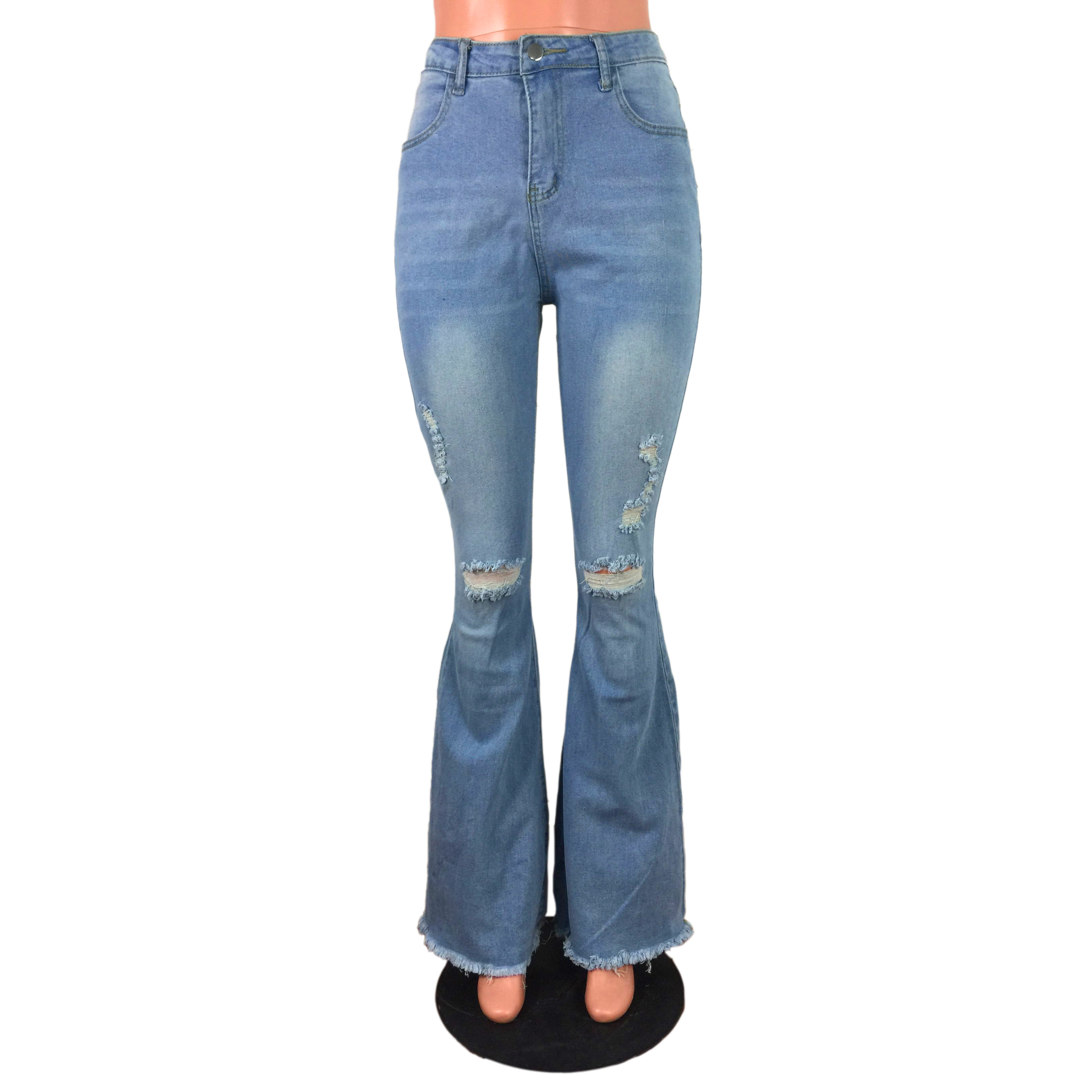 Autumn High Waist Blue Ripped Flare Jeans