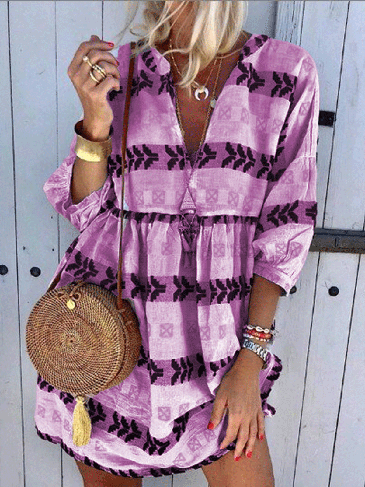 White Cotton-Blend Casual V Neck Stripes Dresses