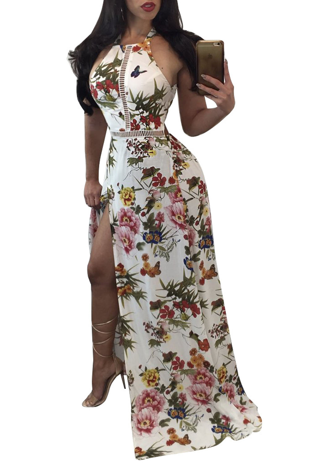 White Floral High Neck Open Back Split Maxi Dress