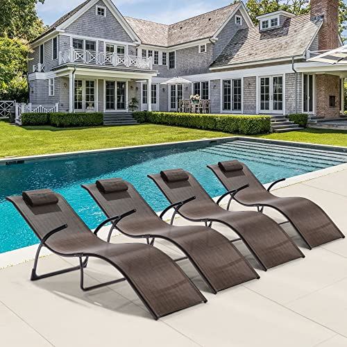Mansion Home Outdoor Chaise Lounge Set of 4, Foldable Pool Lounger, Outdoor Lounge Set with Detachable Headrest for Patio, Lawn, Pool, No Assembly Required Pool Chaise Lounges 4 Pack, Brown