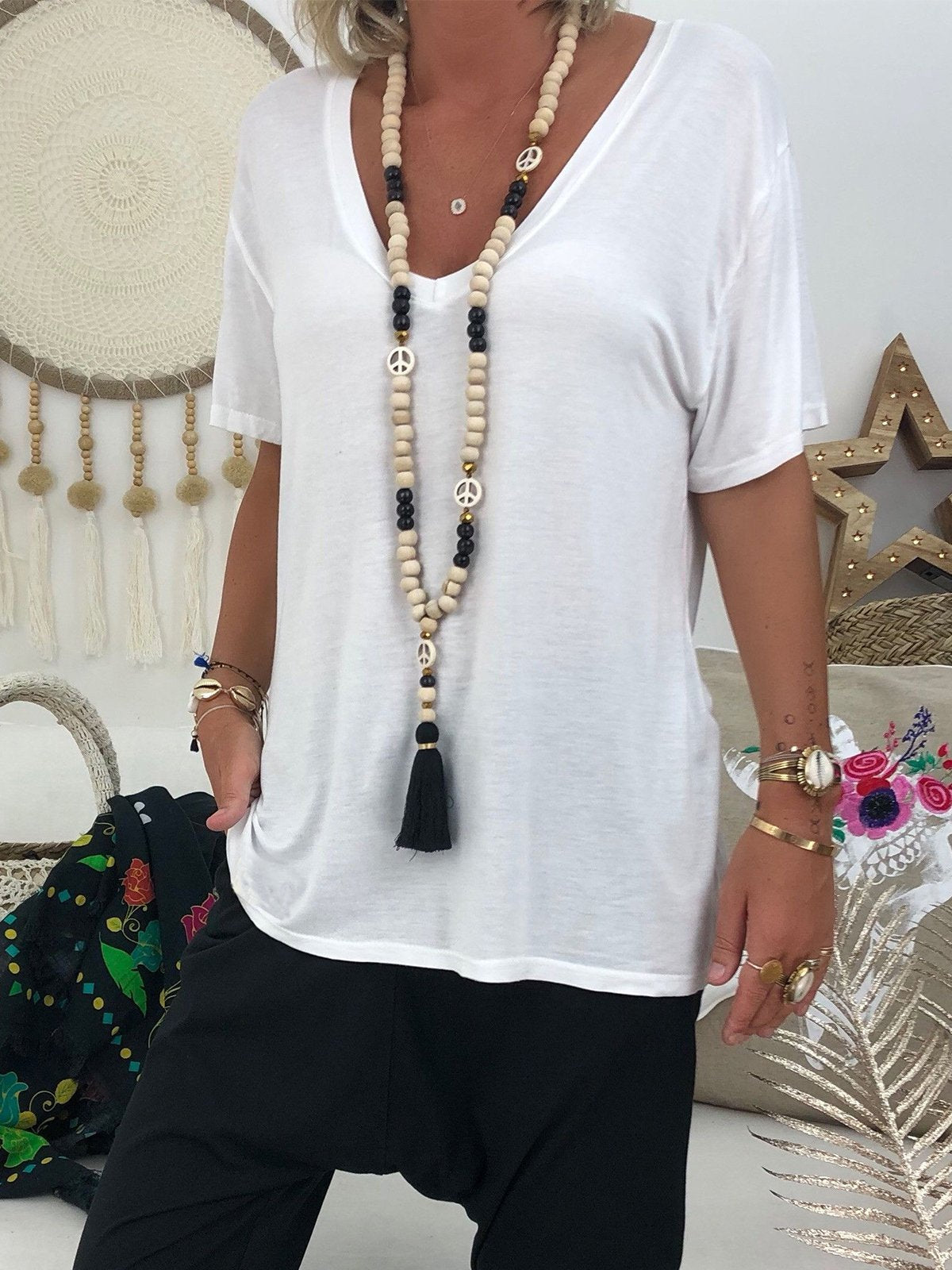 V Neck Casual Solid Shirts & Tops