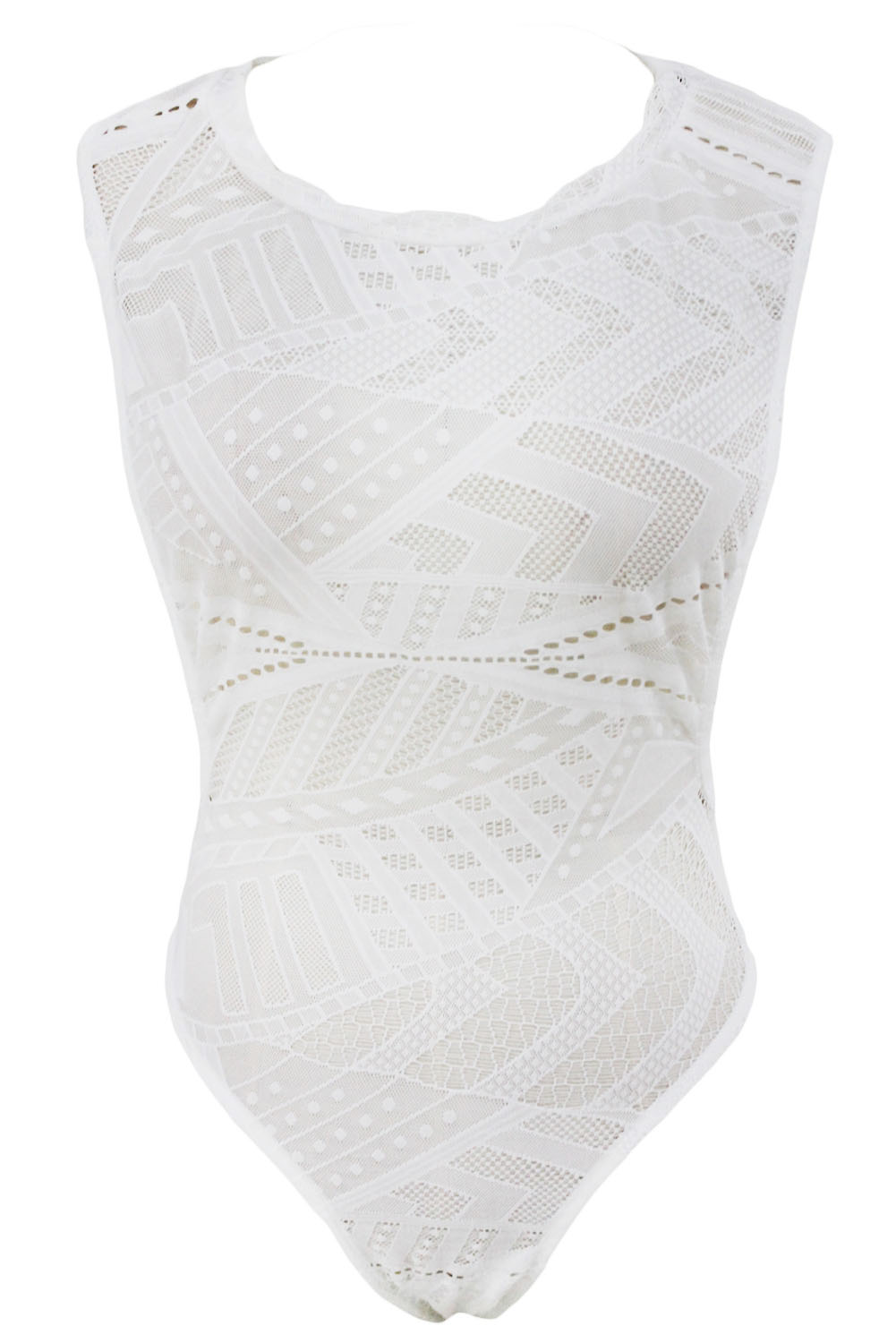 White Open Arm Crotchless Asymmetric Hollow-out Pattern Teddy
