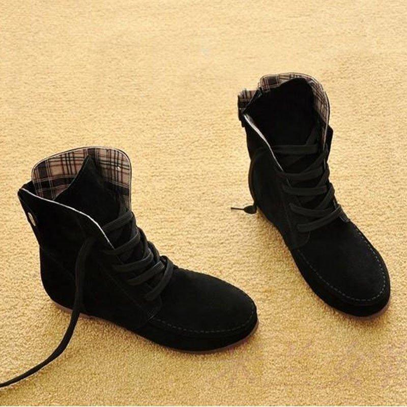 Plus Size Flock Ankle Lace-Up Flat Boots