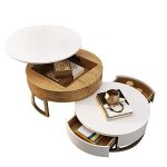 Homary Round Wood Coffee Table White with Storage Lift-Top & Rotatable Drawers