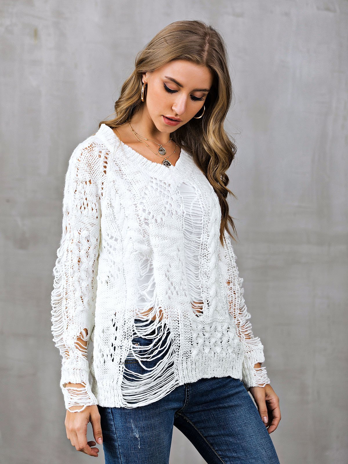 V Neck Casual Long Sleeve Ripped Sweaters