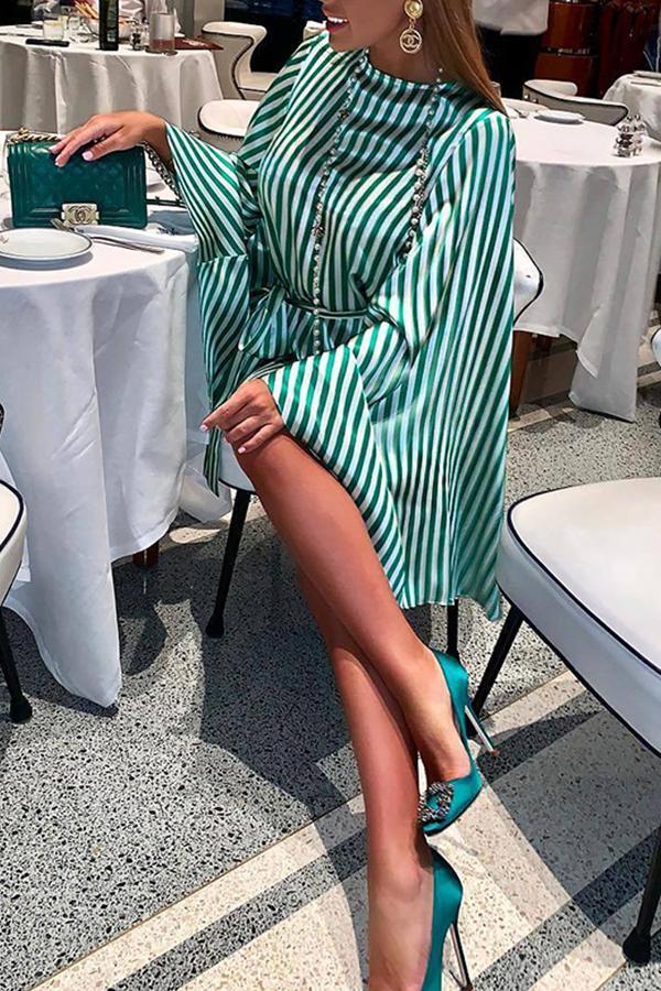 Elegant Stripe Belted Batwing Sleeve Cardigan