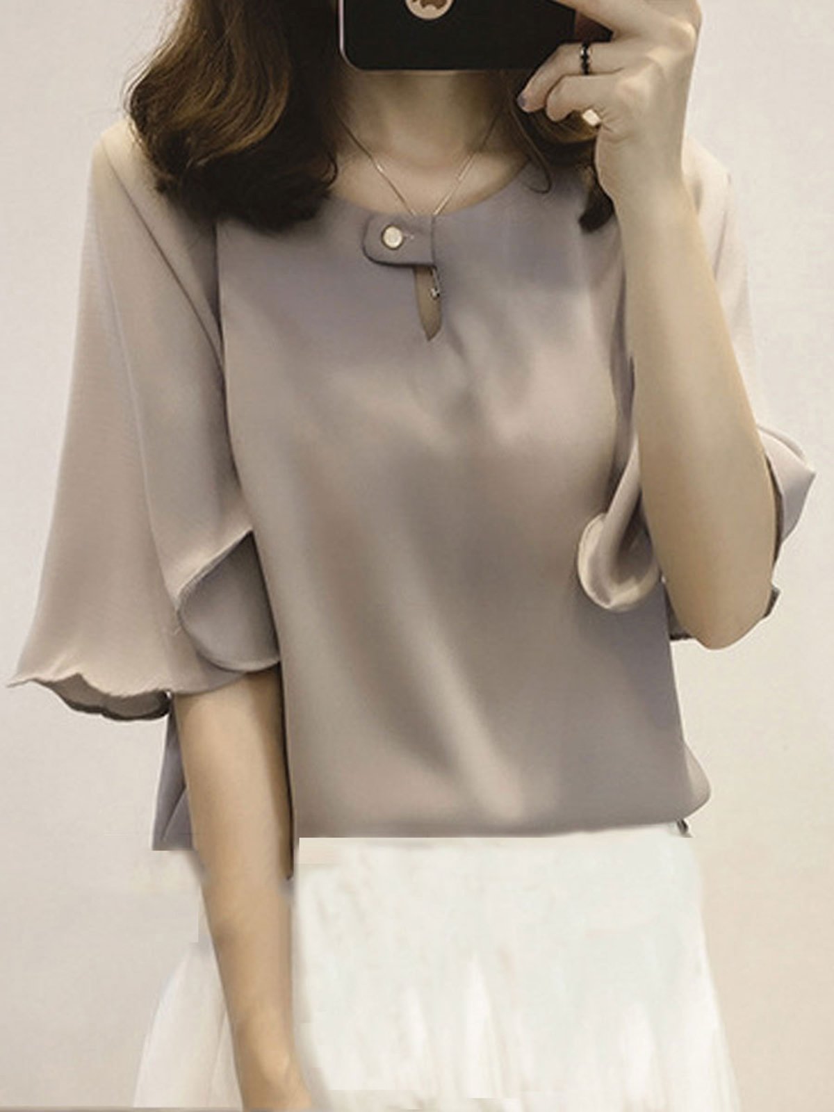 Crew Neck Short Sleeve Casual Plus Size Chiffon Blouse