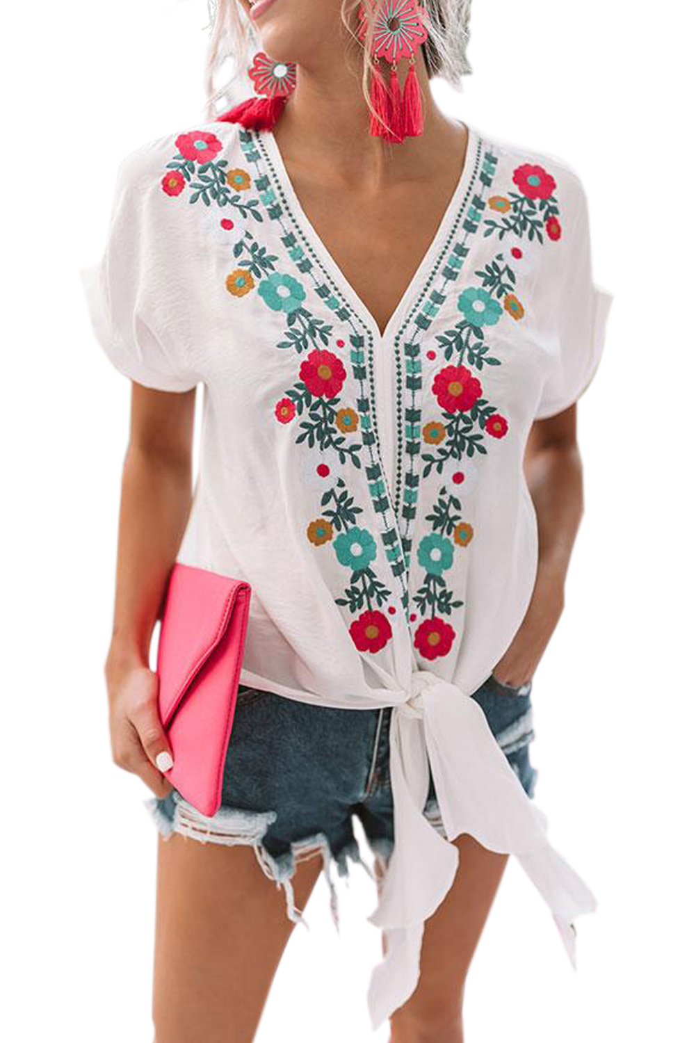 White Embroidered Tie Top