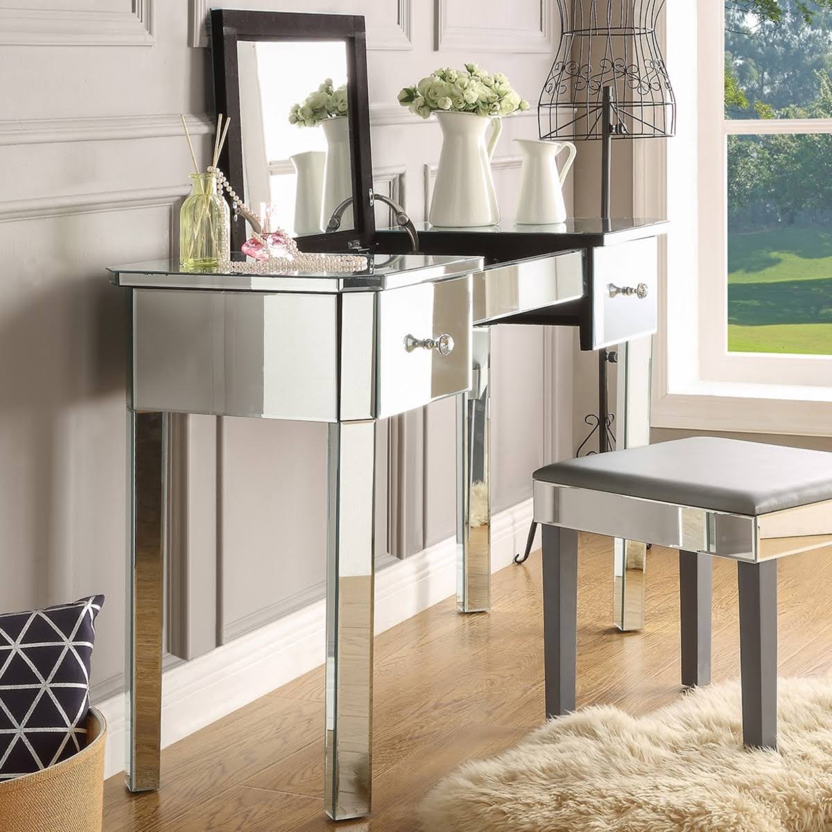 Posh Living Rylee Mirrored Makeup Vanity Table - with Lift-Up Top - Jewelry Holder