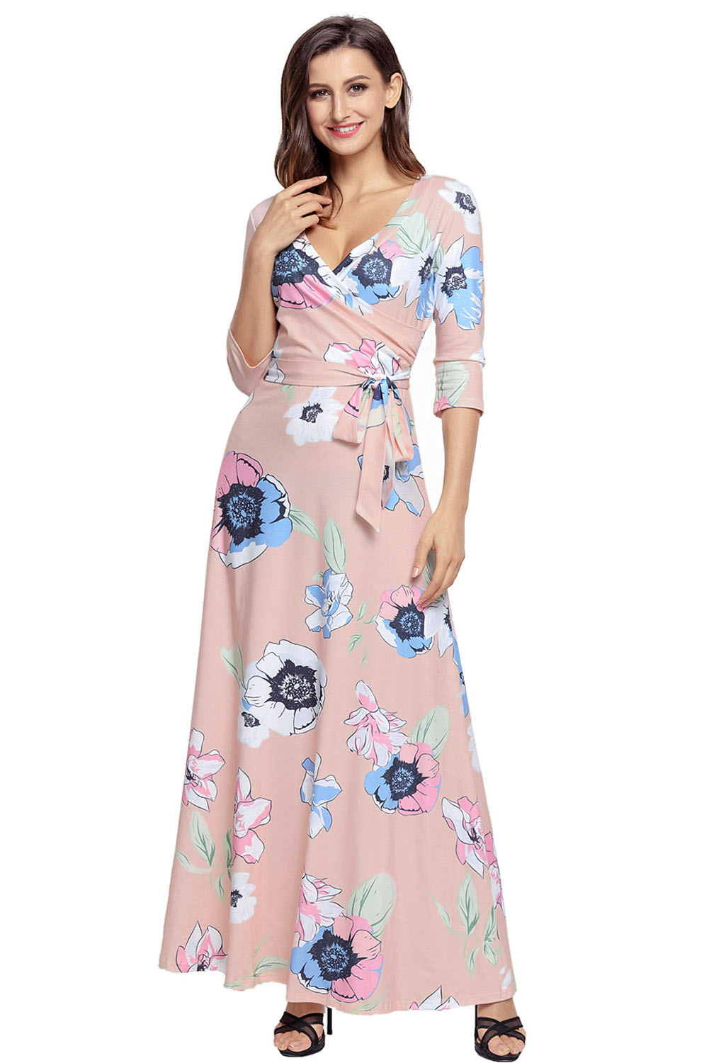Light Pink Floral Print Wrapped Long Boho Dress