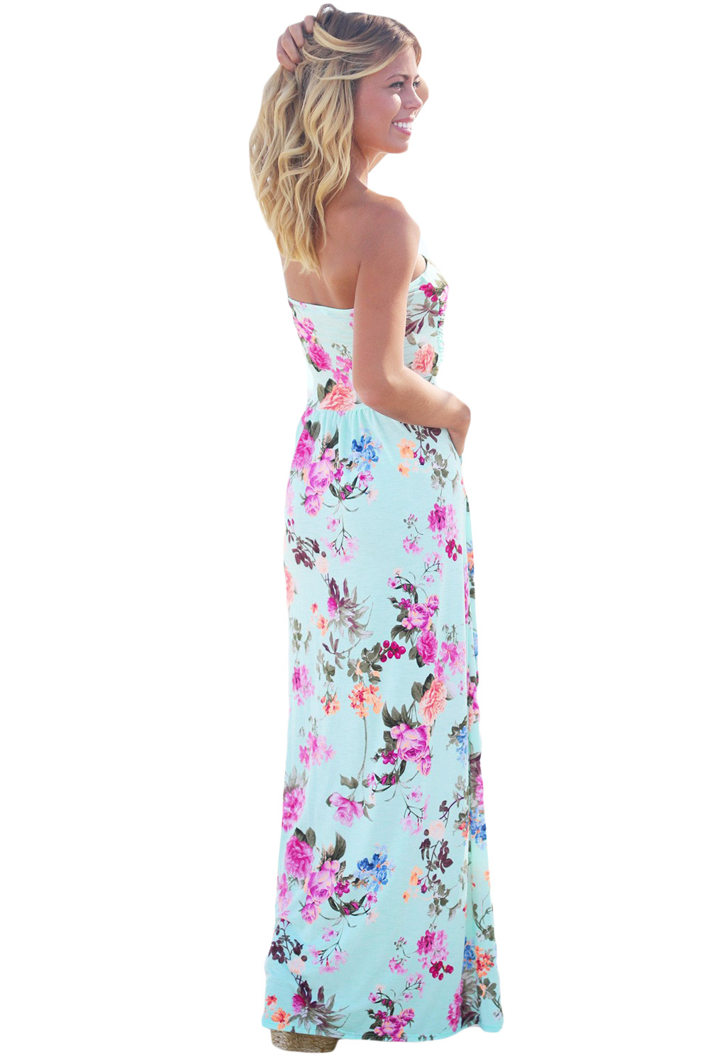 Blue Boho Floral Strapless Maxi Dress with Pockets