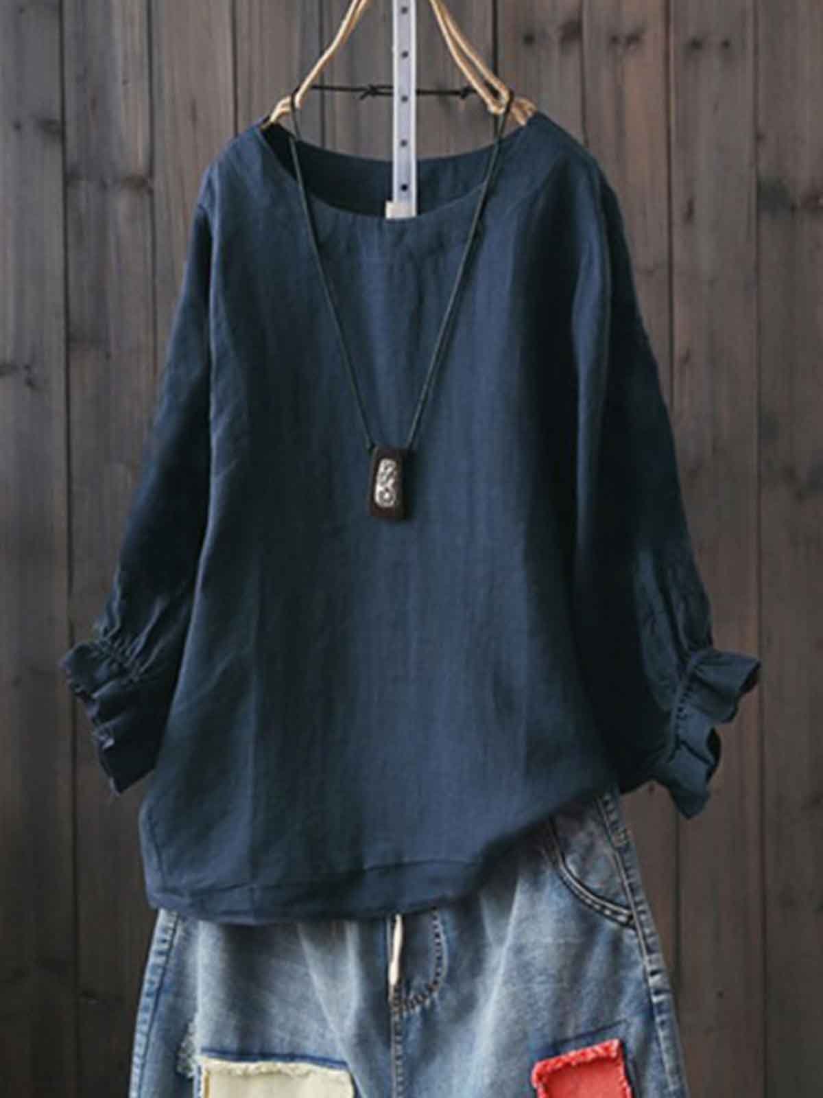 Round Neck Casual Solid Shirts & Tops