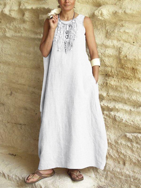 Casual Sleeveless Round Neck Solid Maxi Dress With Pockets