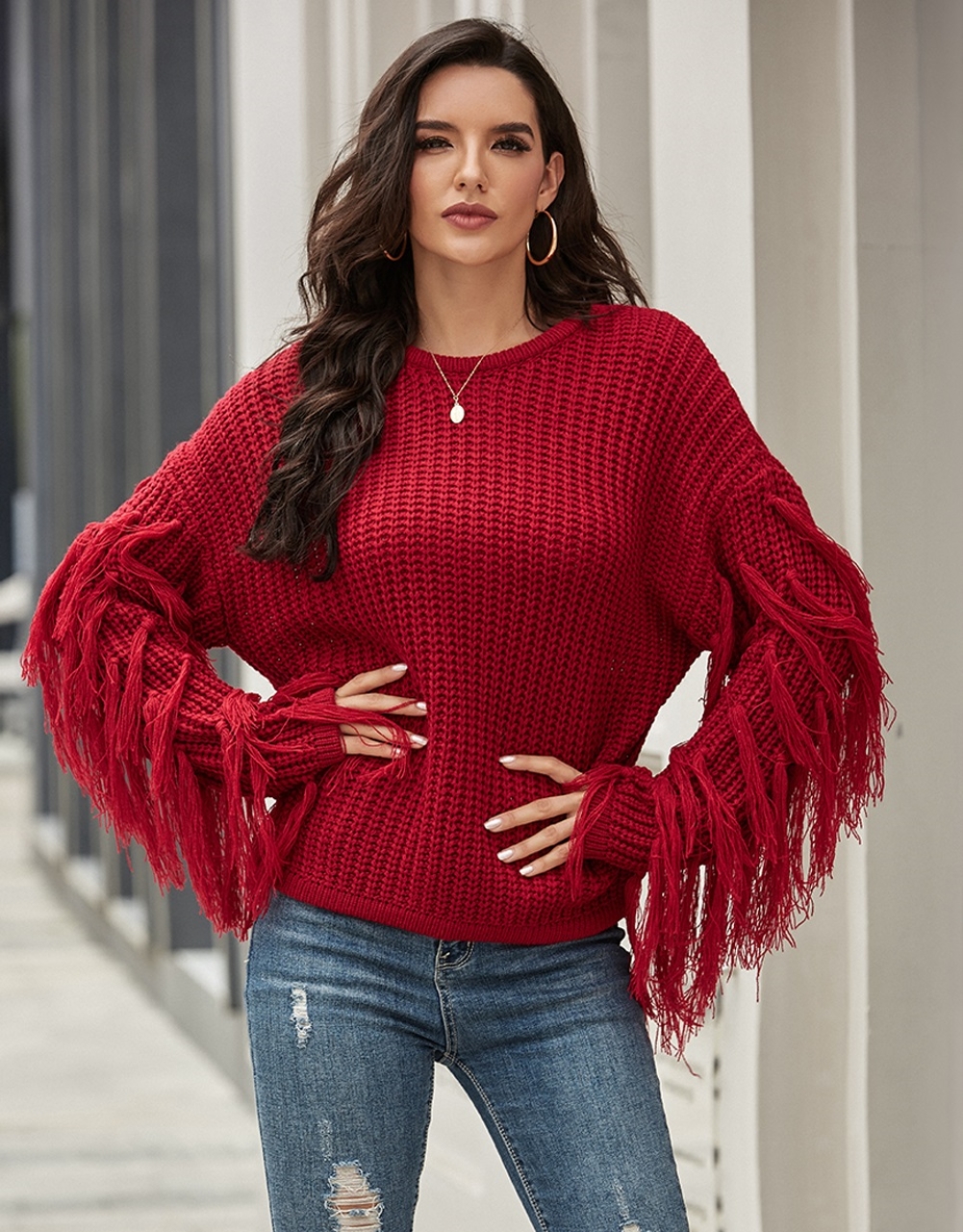 Autumn Plain Regular Sweater with Fringe Sleeves