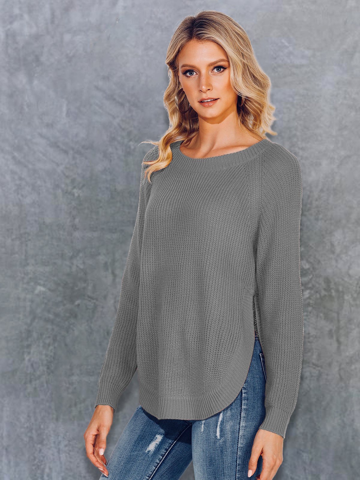 Long Sleeve Crew Neck Solid Sweaters