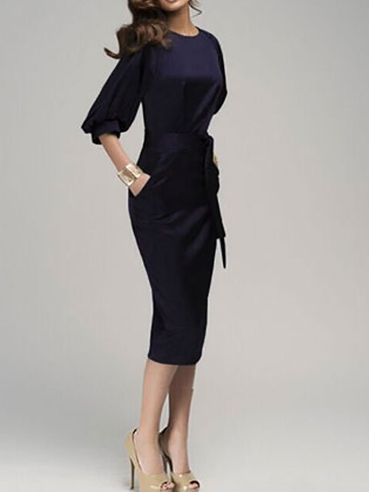 Chiffon Elegant Crew Neck 3/4 Balloon Sleeve Dresses