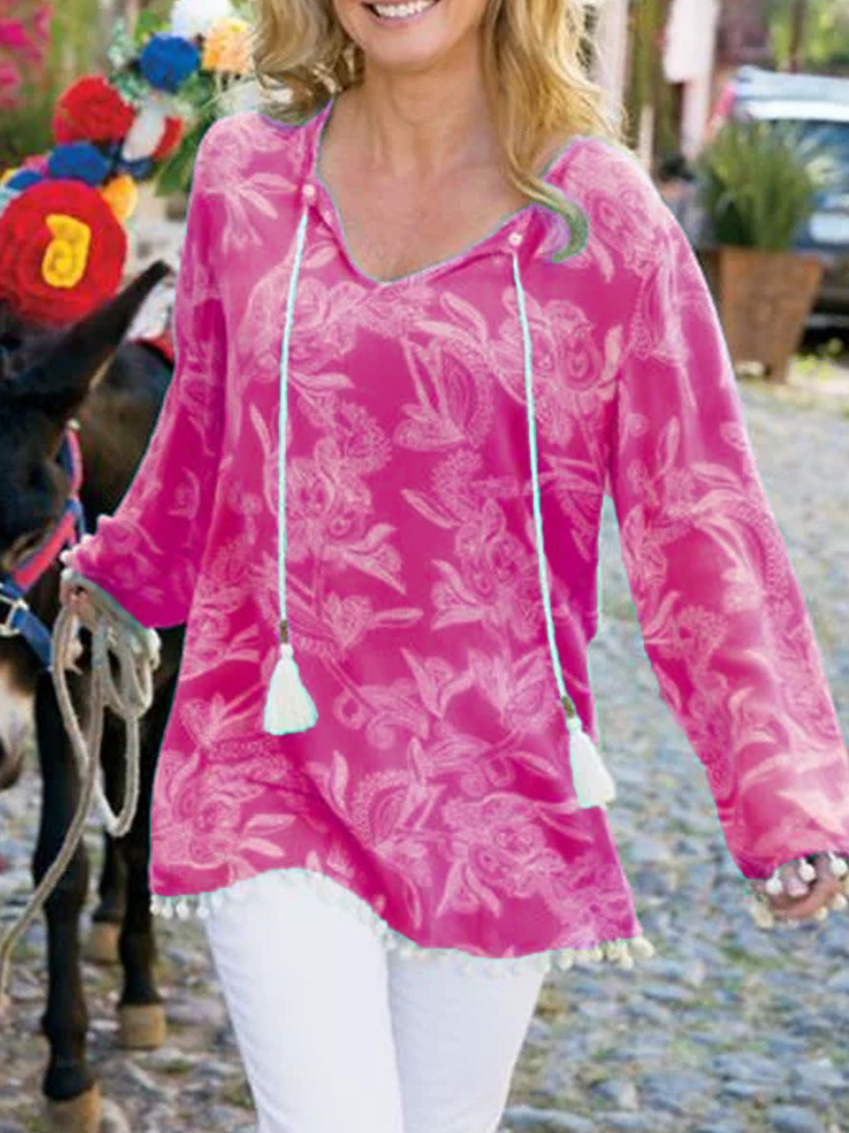 Light Blue Holiday Patchwork V Neck Cotton-Blend Shirts & Tops