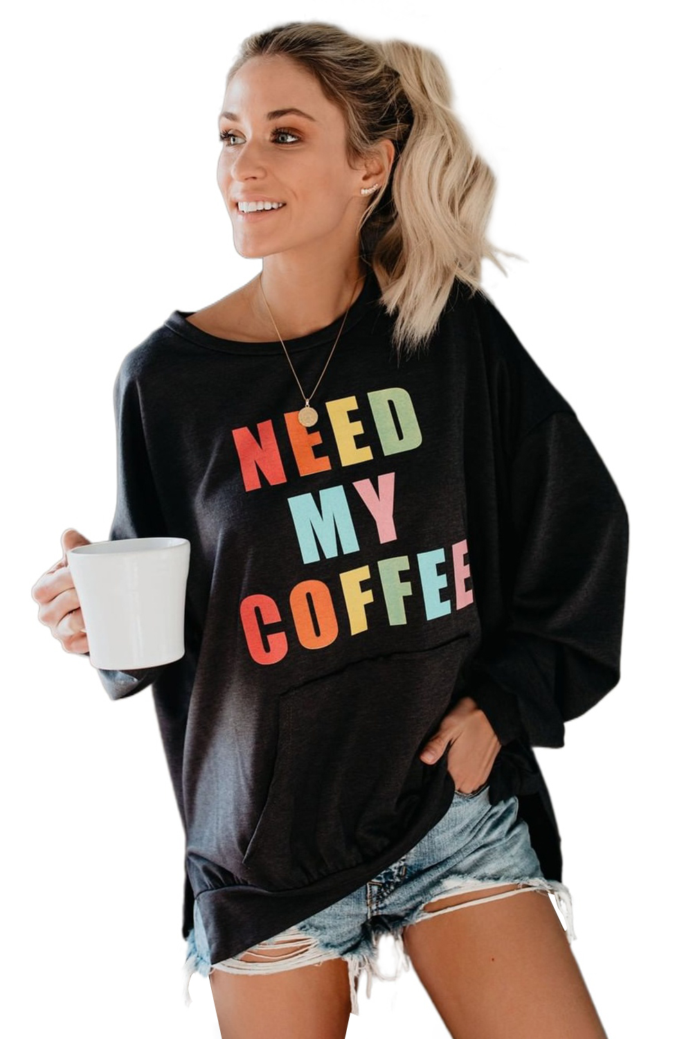 休闲圆领长袖字母大口袋黑色套头卫衣