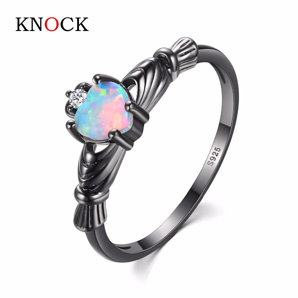 KNOCK high Charming Heart Shape Fire Opal Rings For Women Wedding Band Vintage Black Filled White Ring