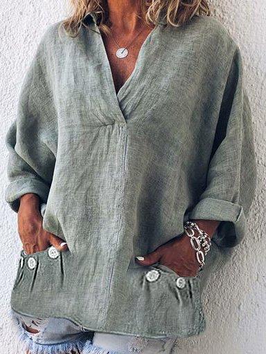 Women V Neck Thin Summer Linen Plus Size Casual Loose Tops