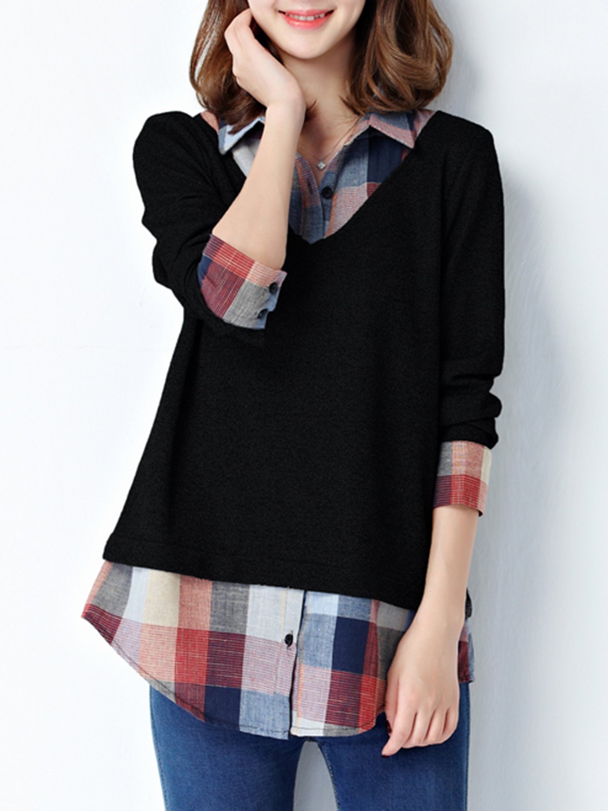 Plus Size One Piece  Checkered/Plaid Polyester Blouse