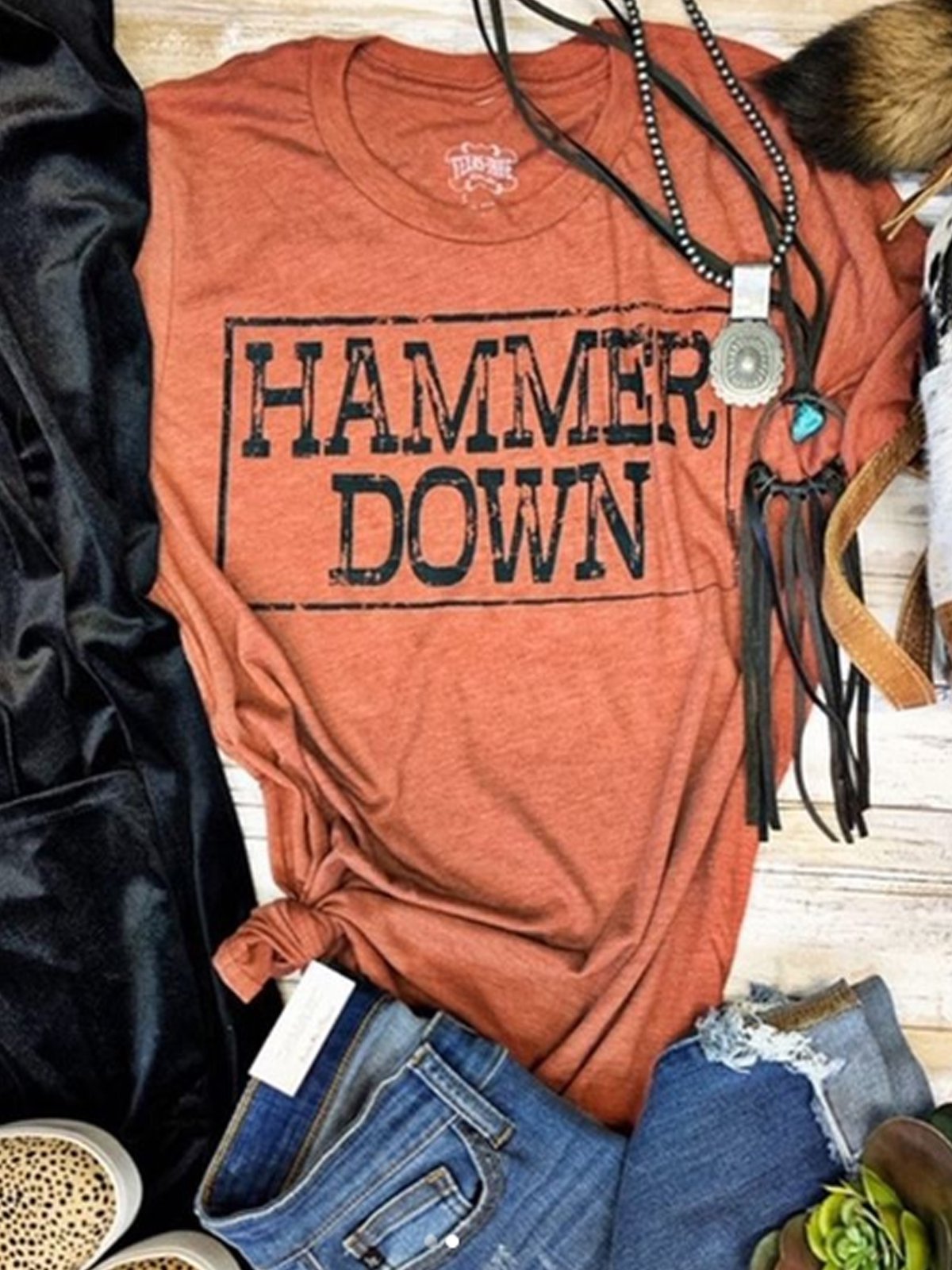 Red Round Neck Casual Letter Cotton-Blend Shirts & Tops