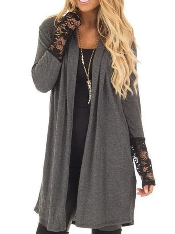 Decorative Lace  Plain  Long Sleeve Cardigan