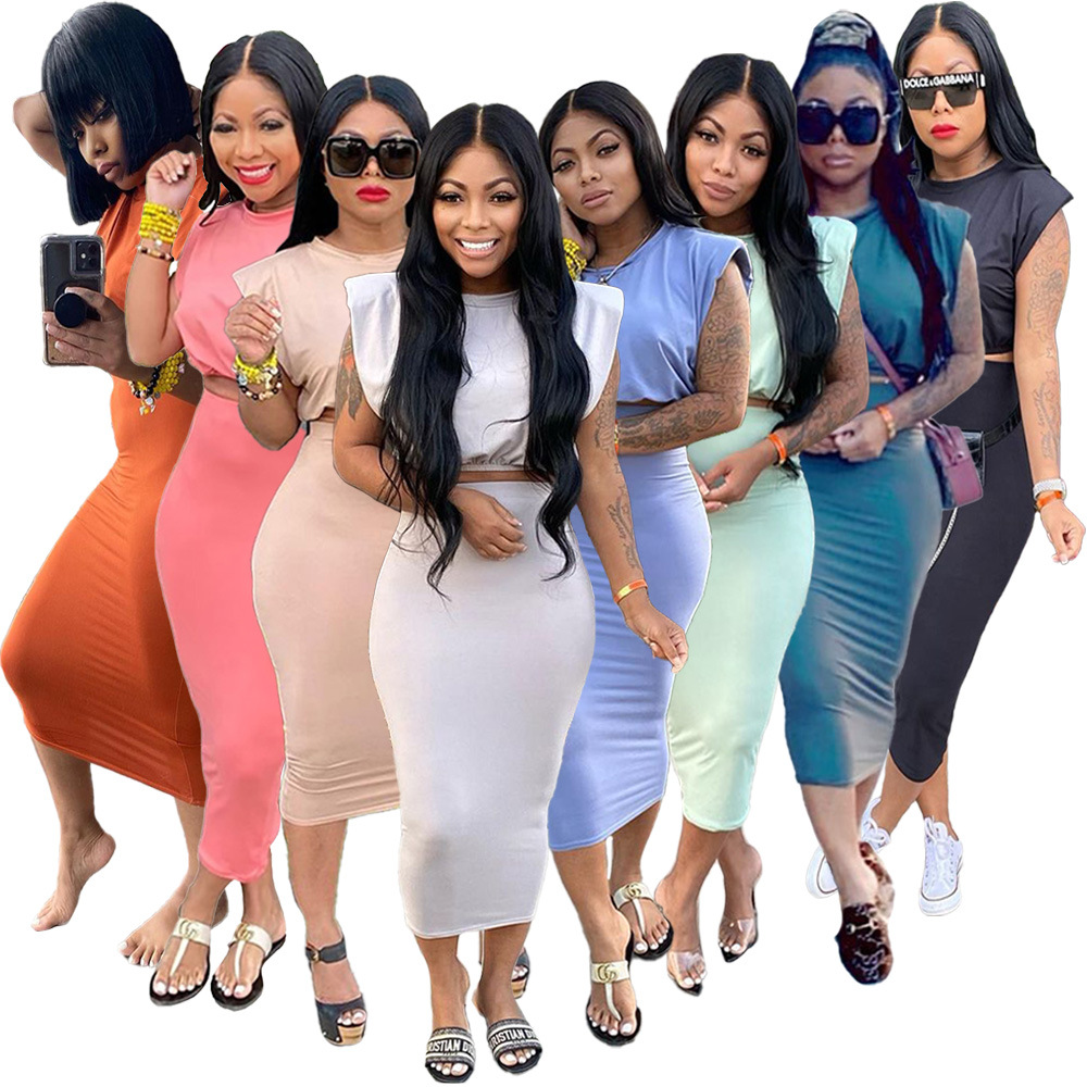 European and American women's 21 summer two-piece suit sleeveless padded T-shirt one-step skirt all-match fashionable casual suit H8912