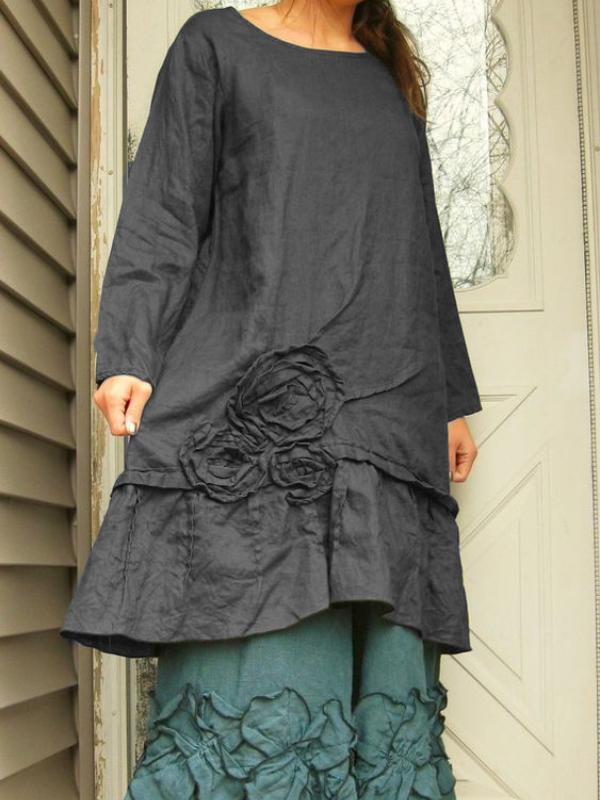 Vintage Solid Long Sleeve Crew Neck Dresses