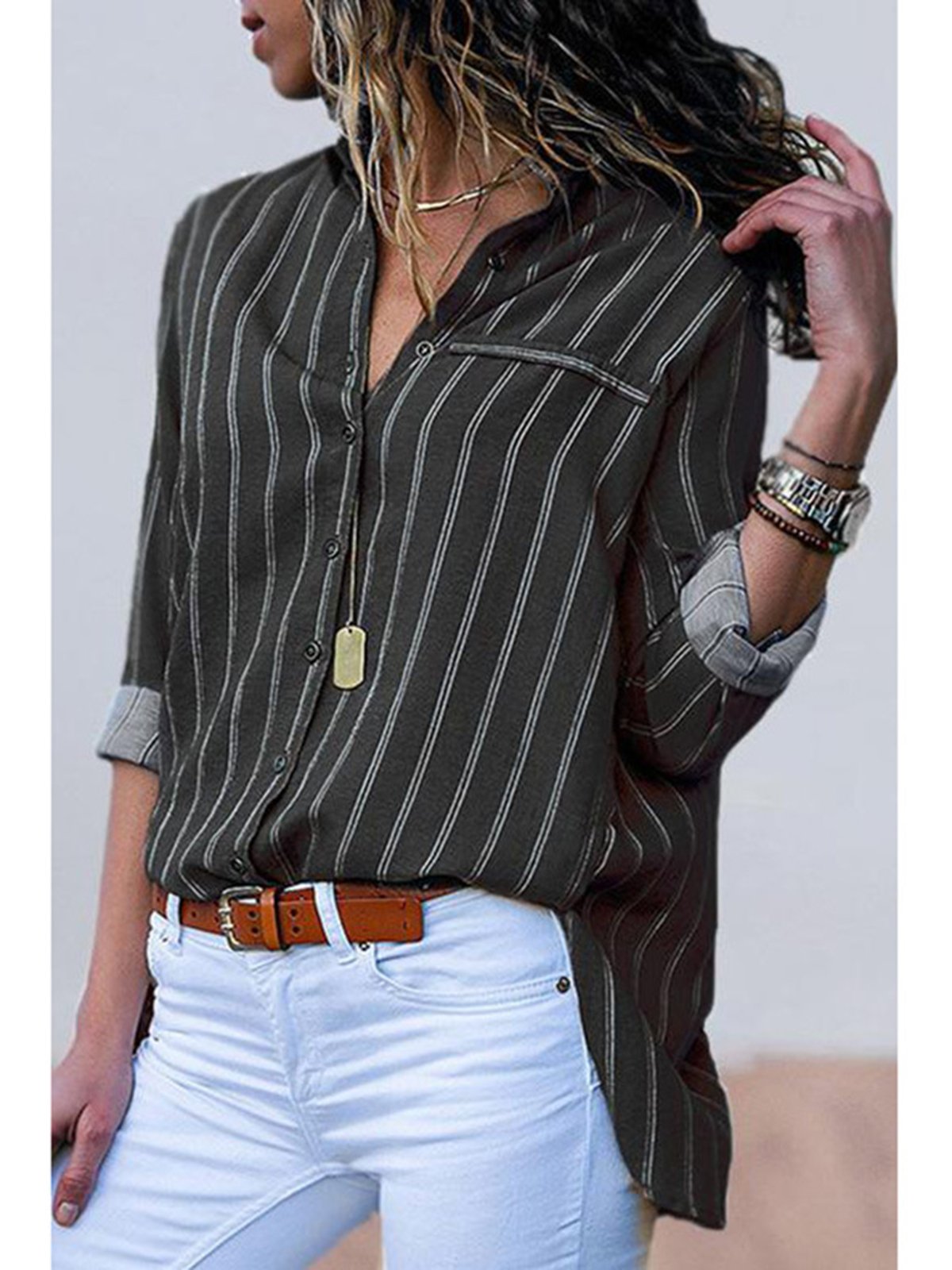Casual Loose Striped Lapel Collar Blouses