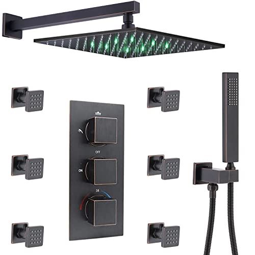 Jets System, 12 Inch Wall Mount LED Rainfall Shower Head with 6 Body Sprays