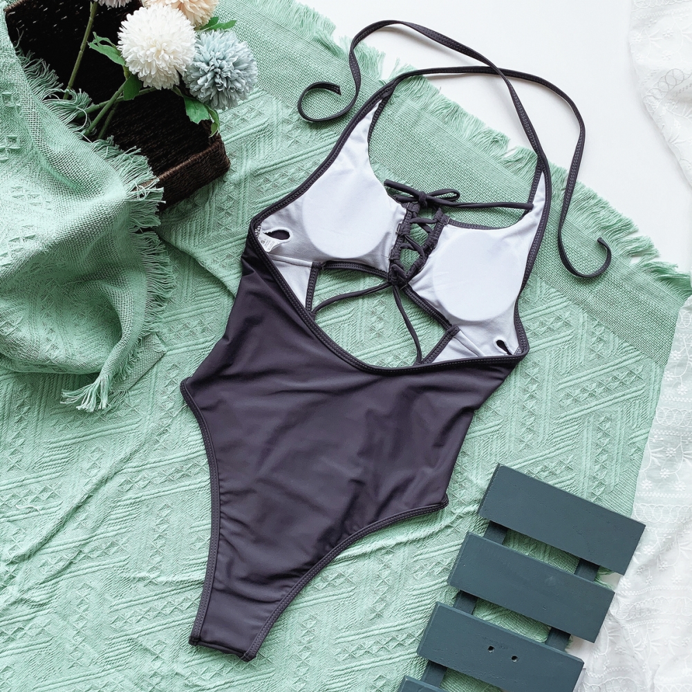 Sexy Lace Up One Piece Plain Halter Swimwear