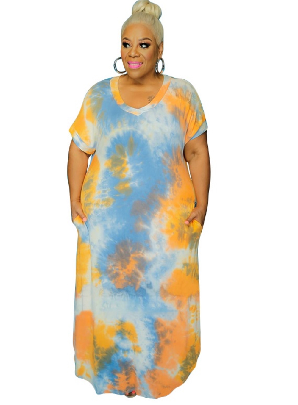 Plus Size Summer Tie Dye Pocket Long Dress